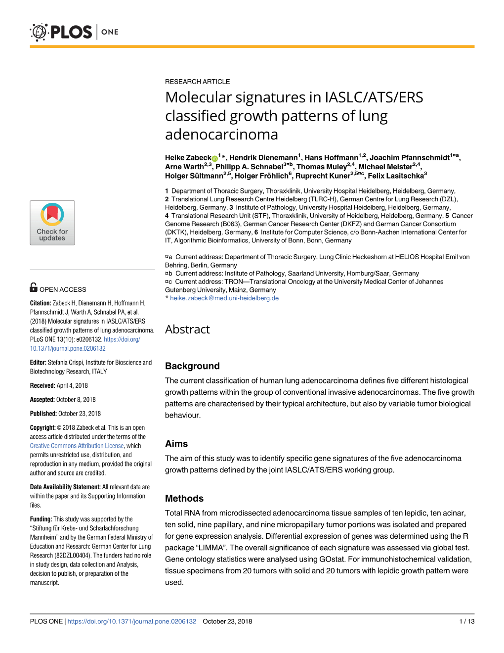 Molecular Signatures in IASLC/ATS/ERS Classified Growth Patterns of Lung Adenocarcinoma