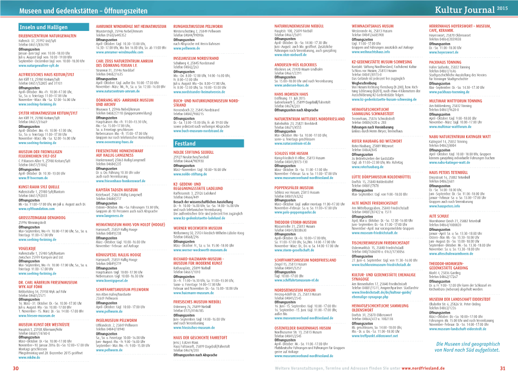 Museen Und Gedenkstätten – Öffnungszeiten 2015