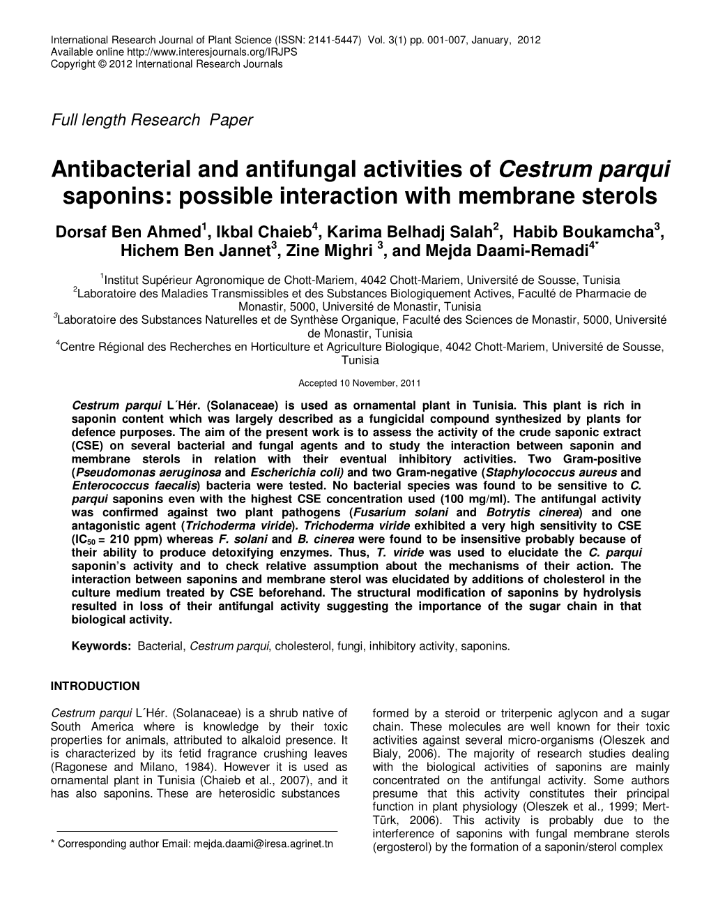 Antibacterial and Antifungal Activities of Cestrum Parqui Saponins: Possible Interaction with Membrane Sterols