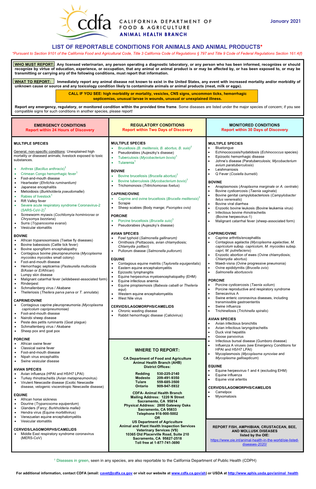 CDFA List of Reportable Conditions for Animals and Animal Products