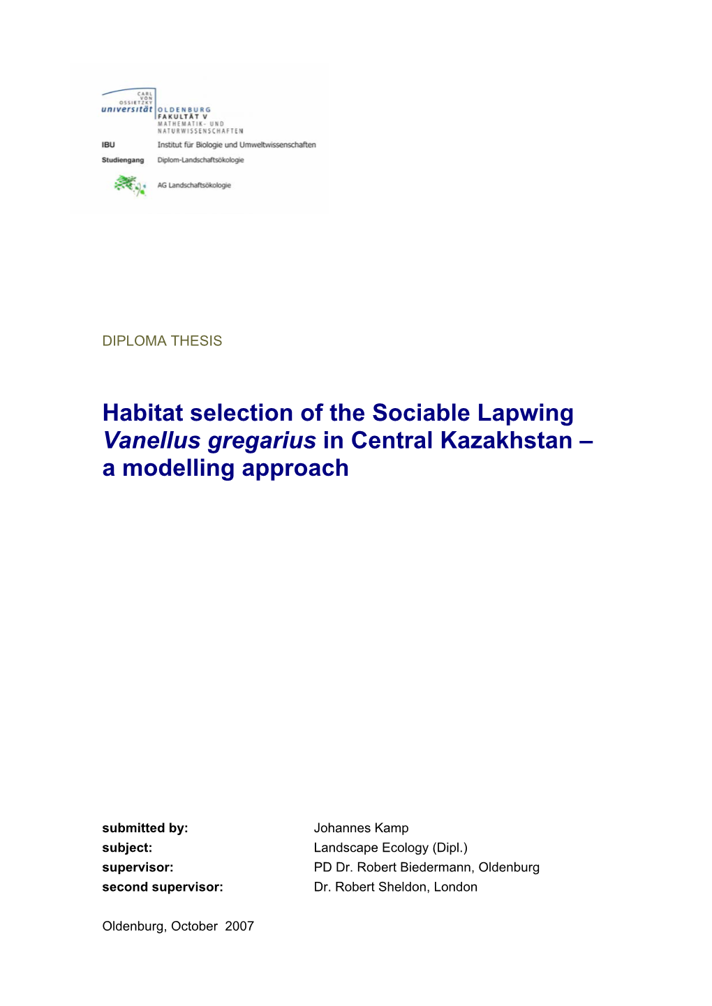 Habitat Selection of the Sociable Lapwing Vanellus Gregarius in Central Kazakhstan – a Modelling Approach