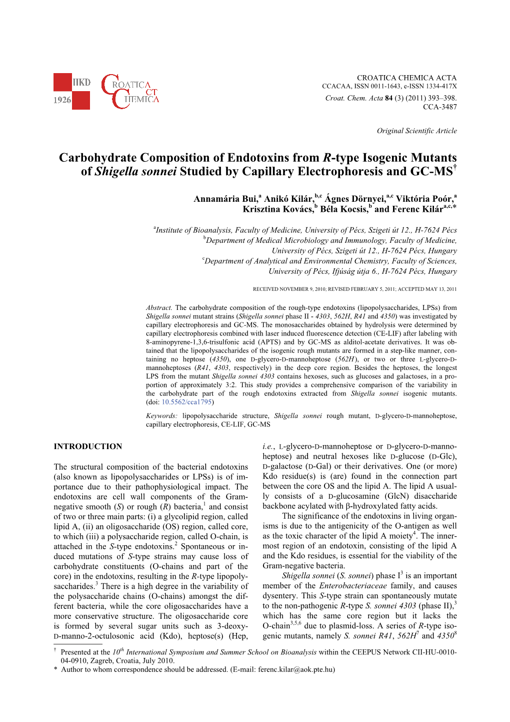 Carbohydrate Composition of Endotoxins from R-Type Isogenic Mutants of Shigella Sonnei Studied by Capillary Electrophoresis and GC-MS†