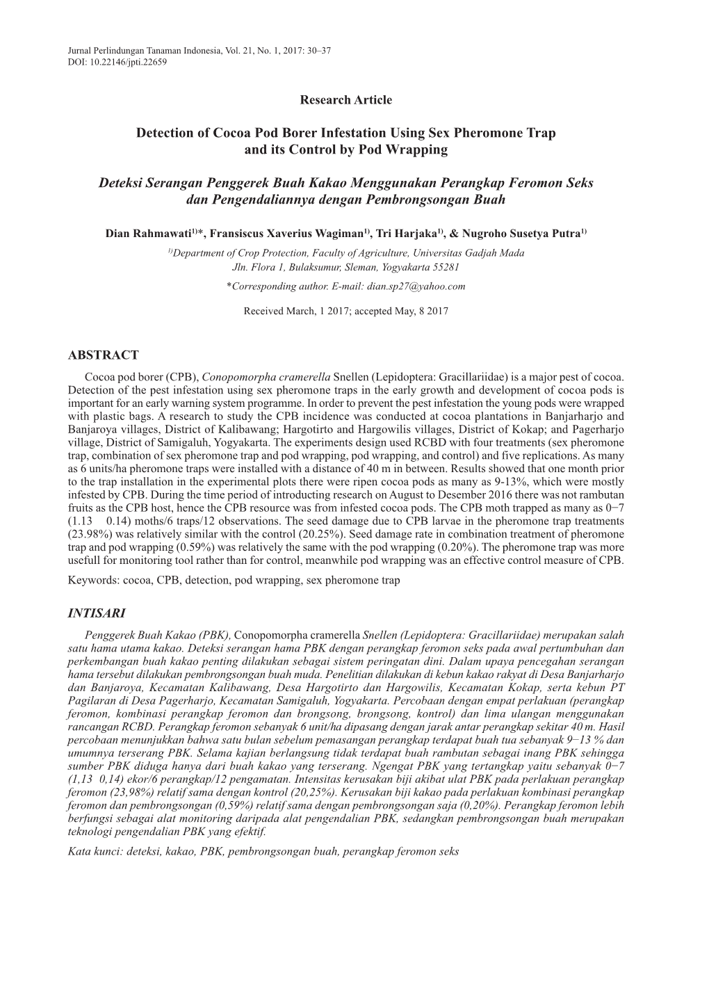 Detection of Cocoa Pod Borer Infestation Using Sex Pheromone Trap and Its Control by Pod Wrapping