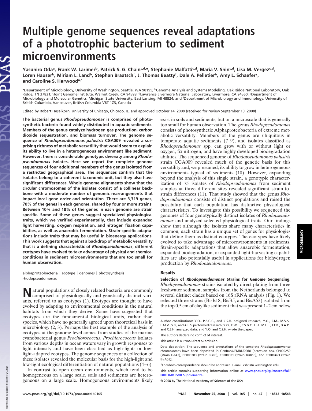 Multiple Genome Sequences Reveal Adaptations of a Phototrophic Bacterium to Sediment Microenvironments