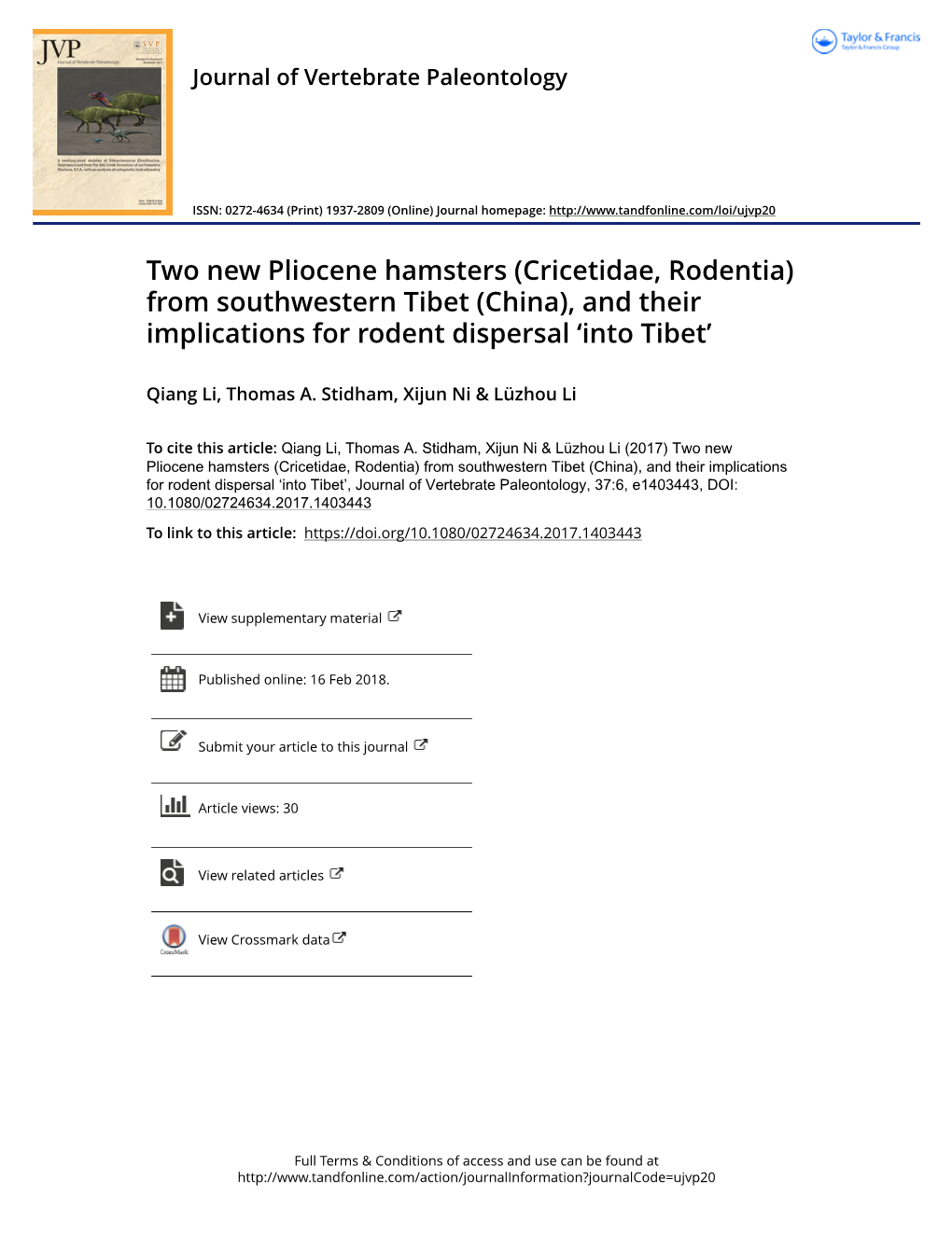 Two New Pliocene Hamsters (Cricetidae, Rodentia) from Southwestern Tibet (China), and Their Implications for Rodent Dispersal ‘Into Tibet’