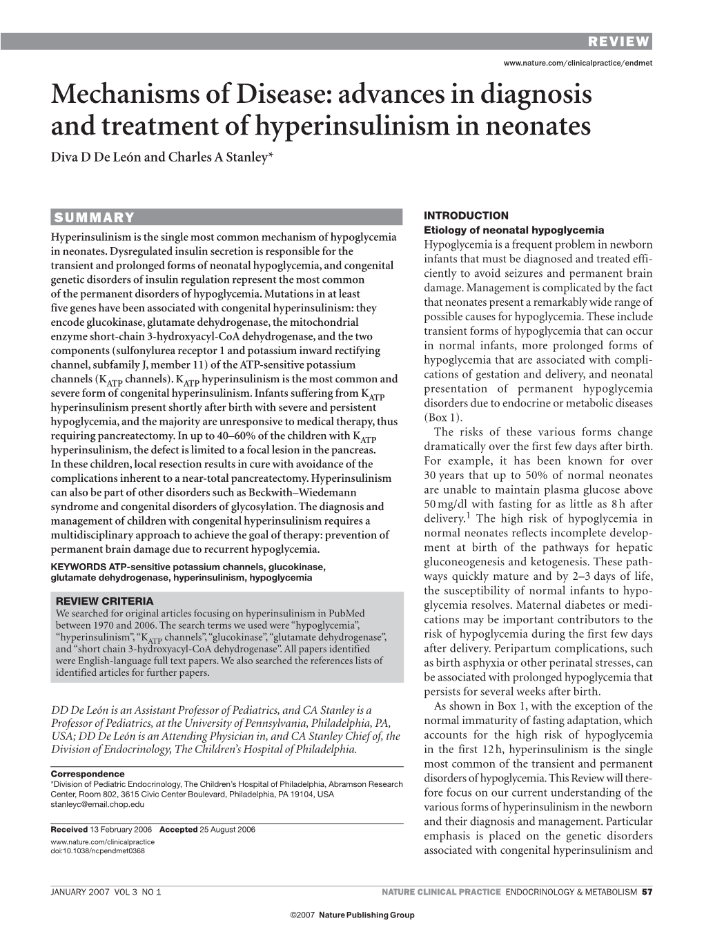 Mechanisms of Disease: Advances in Diagnosis and Treatment of Hyperinsulinism in Neonates Diva D De León and Charles a Stanley*