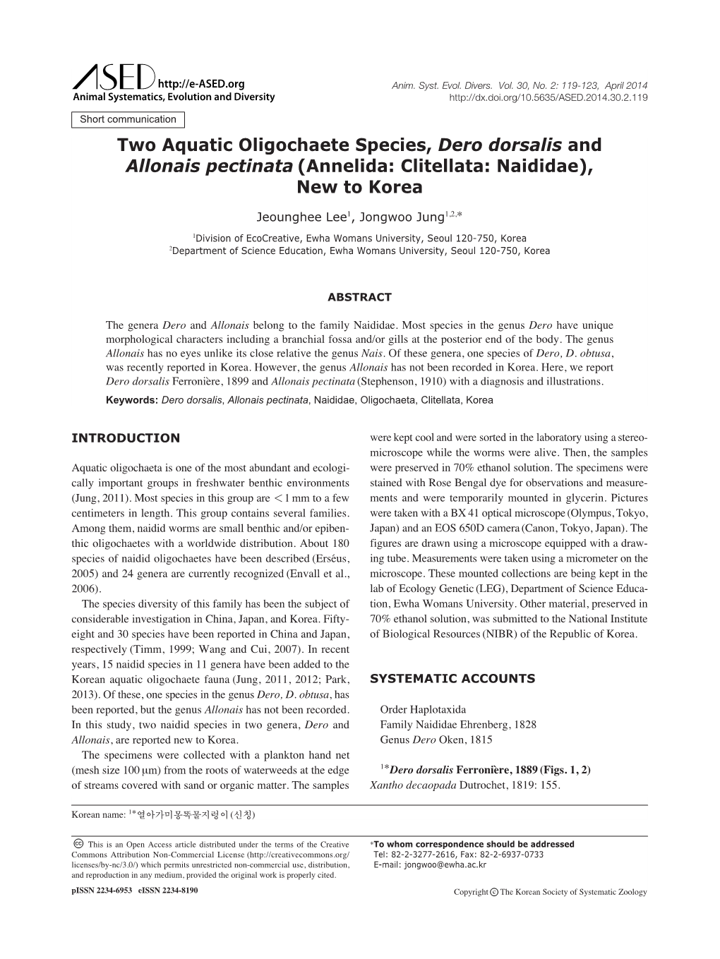 Two Aquatic Oligochaete Species, Dero Dorsalis and Allonais Pectinata (Annelida: Clitellata: Naididae), New to Korea