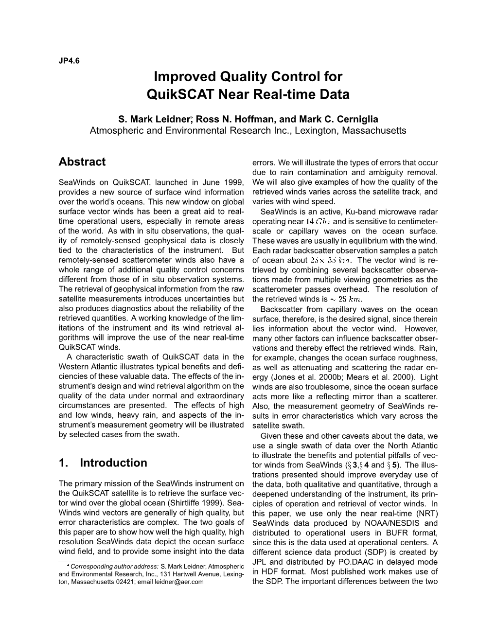 Improved Quality Control for Quikscat Near Real-Time Data