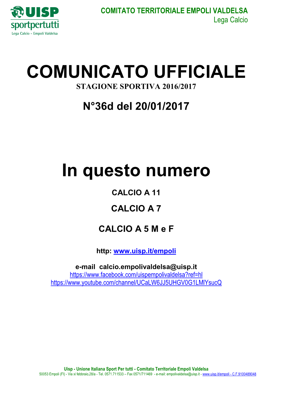 COMUNICATO UFFICIALE in Questo Numero