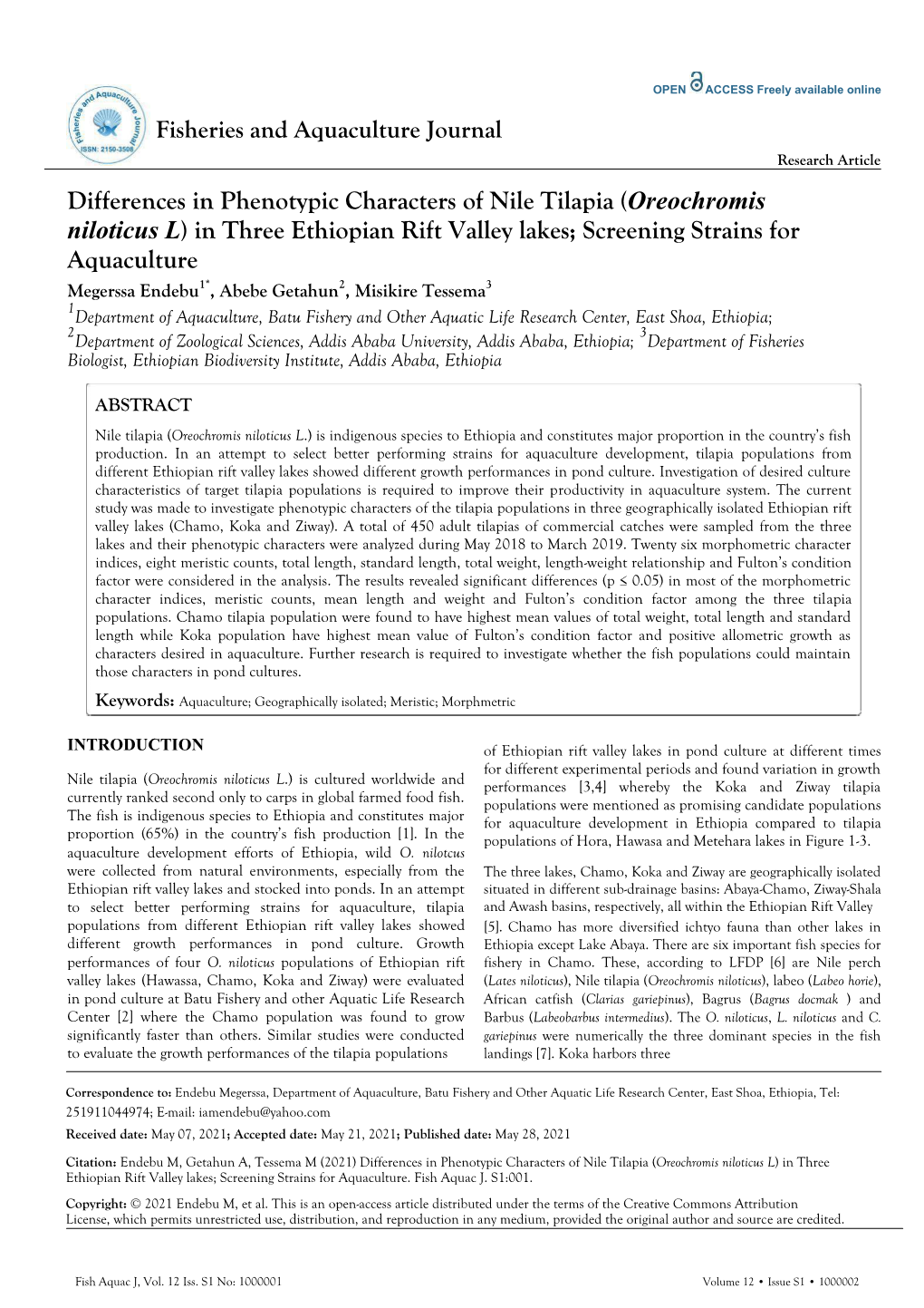 (Oreochromis Niloticus L) in Three Ethiopian