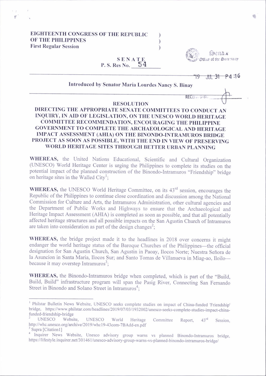 EIGHTEENTH CONGRESS of the REPUBLIC ) of the PHILIPPINES ) First Regular Session S E N a T E P. S. Res No. |3T'ua-K JUL31 P 4 :1