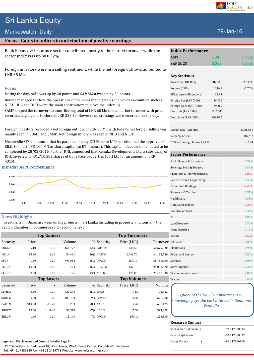 Sri Lanka Equity Marketwatch: Daily 29-Jan-16 Focus: Gains in Indices in Anticipation of Positive Earnings