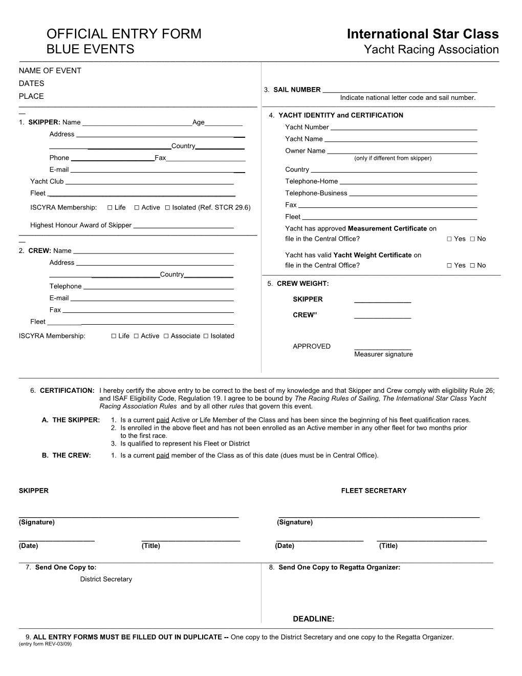 Entry Form Blank