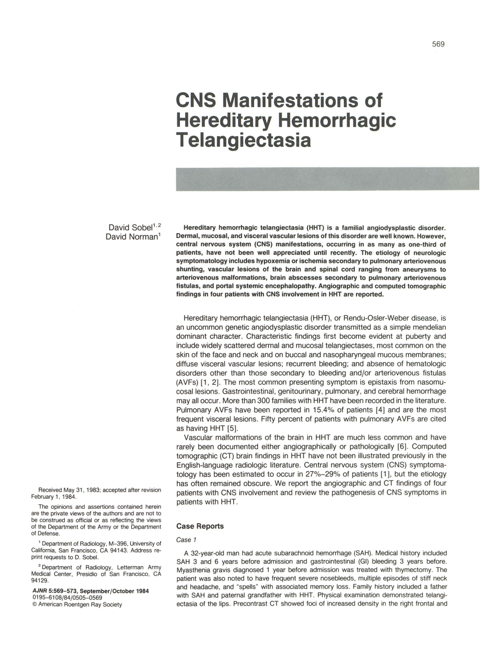 Ens Manifestations of Hereditary Hemorrhagic Telangiectasia