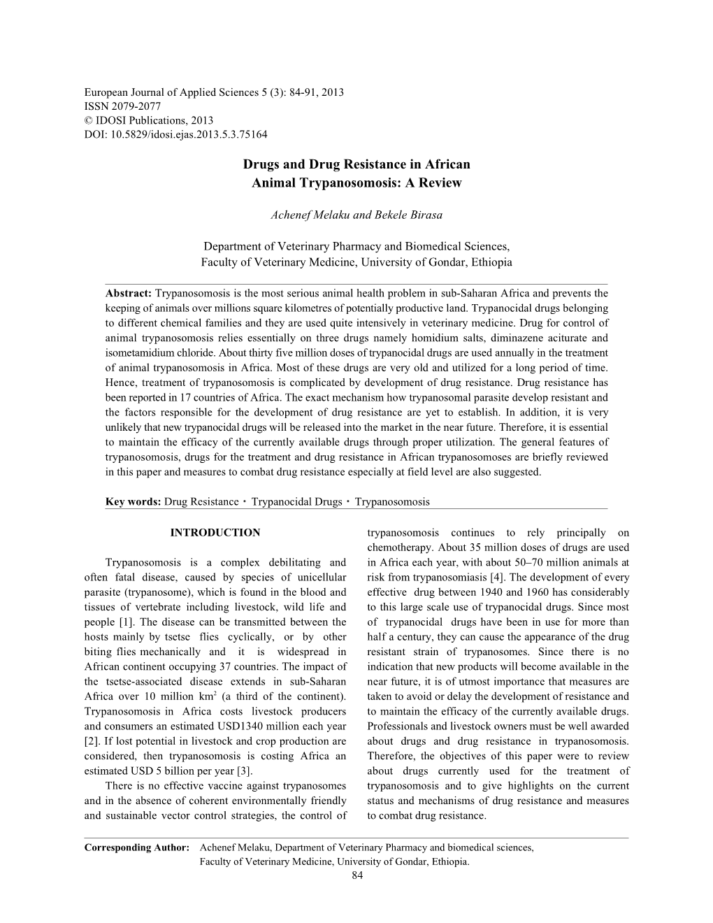 Drugs and Drug Resistance in African Animal Trypanosomosis: a Review