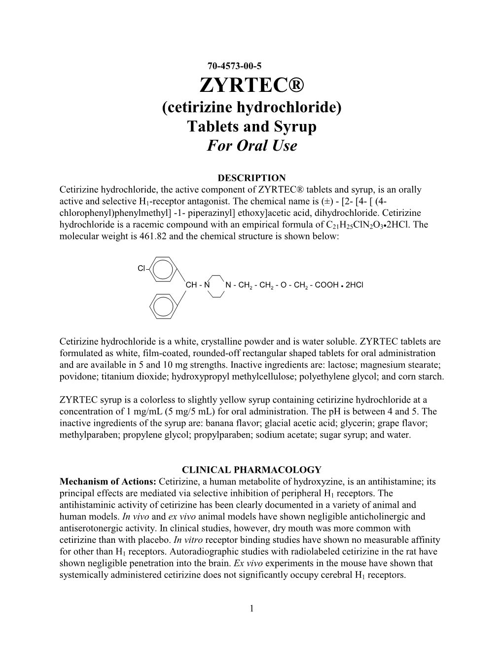 Cetirizine Hydrochloride) Tablets and Syrup for Oral Use