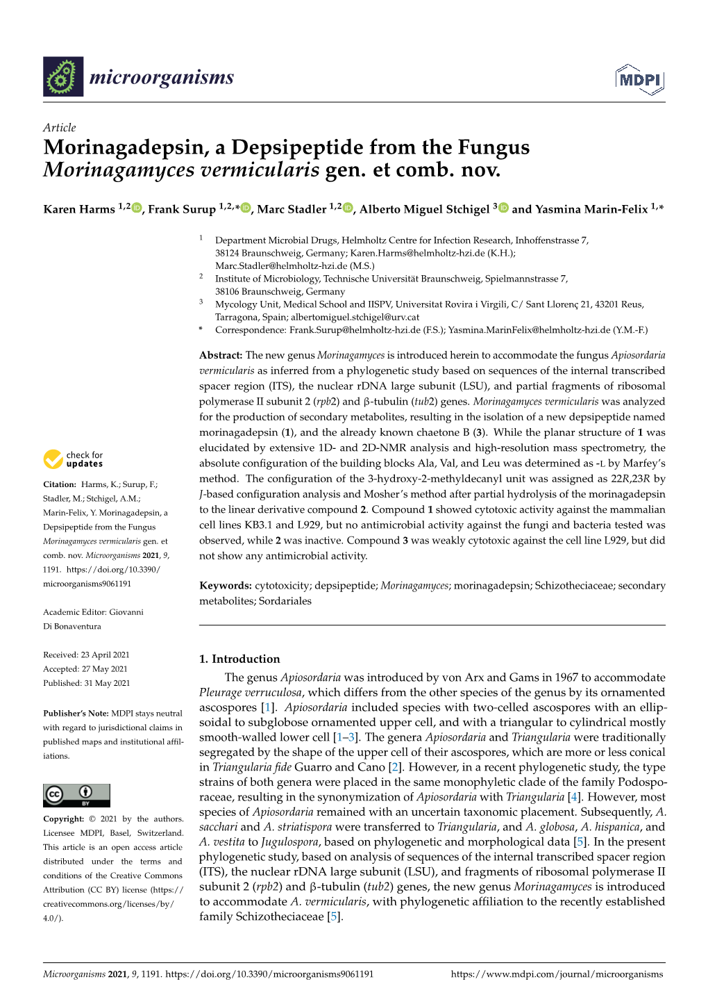 Morinagadepsin, a Depsipeptide from the Fungus Morinagamyces Vermicularis Gen. Et Comb. Nov