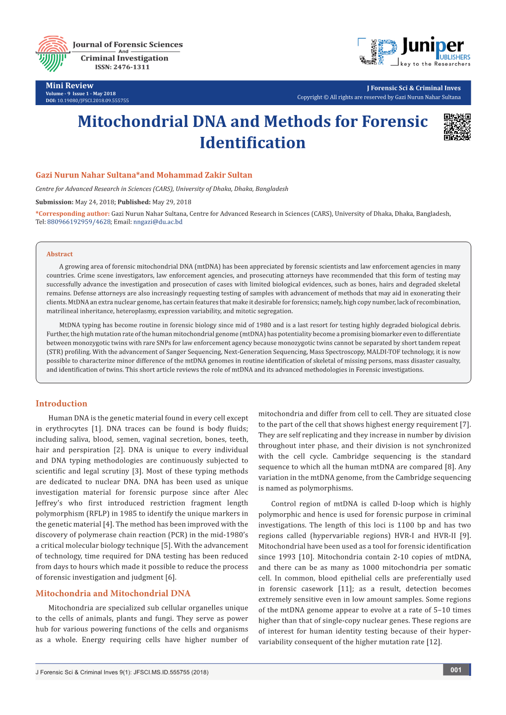 Mitochondrial DNA and Methods for Forensic Identification