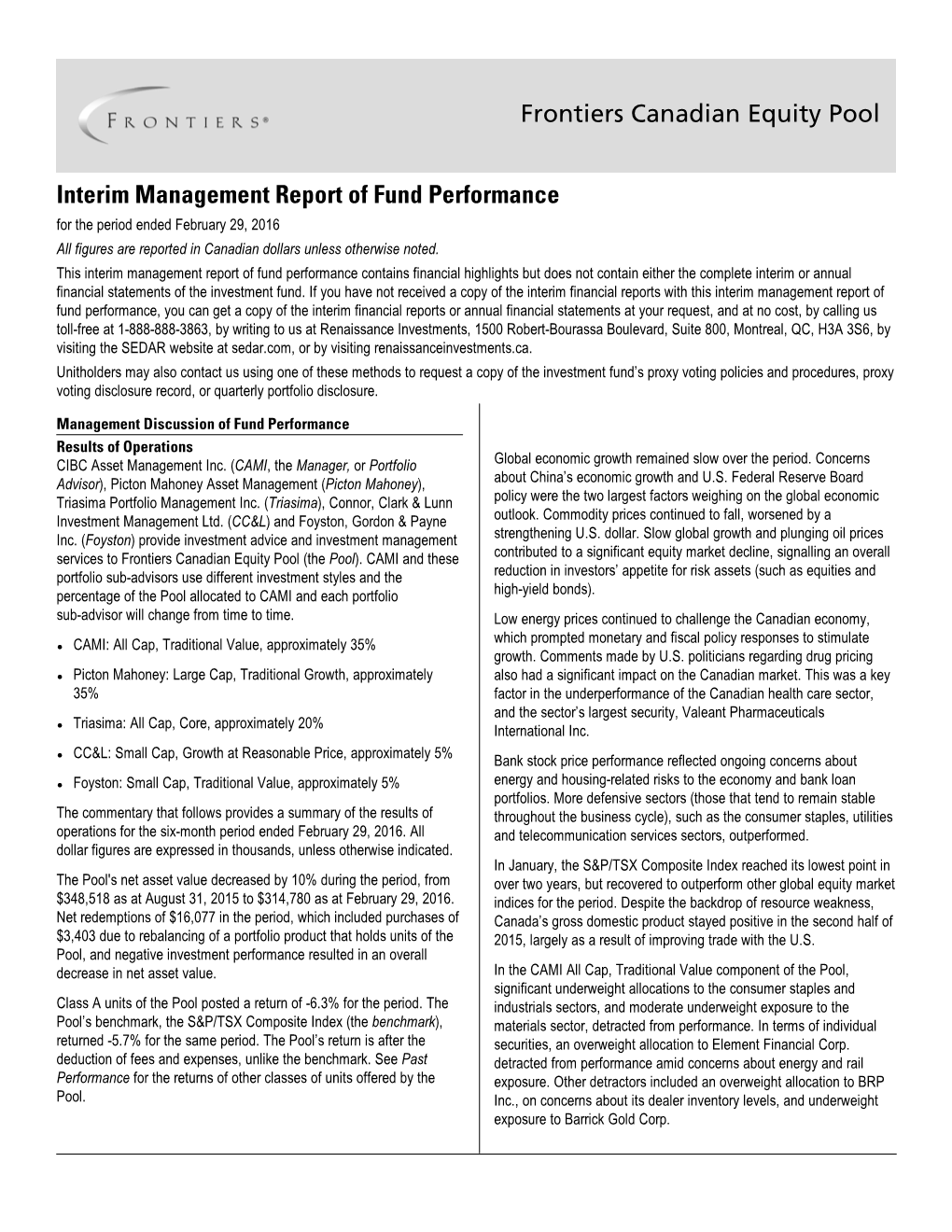 Frontiers Canadian Equity Pool Interim Management Report of Fund Performance