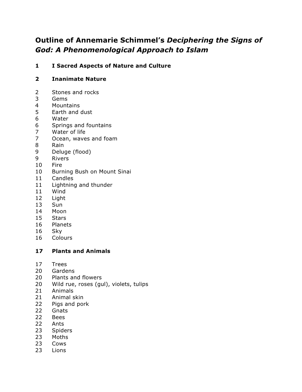 Outline of Annemarie Schimmel's Deciphering the Signs of God: A