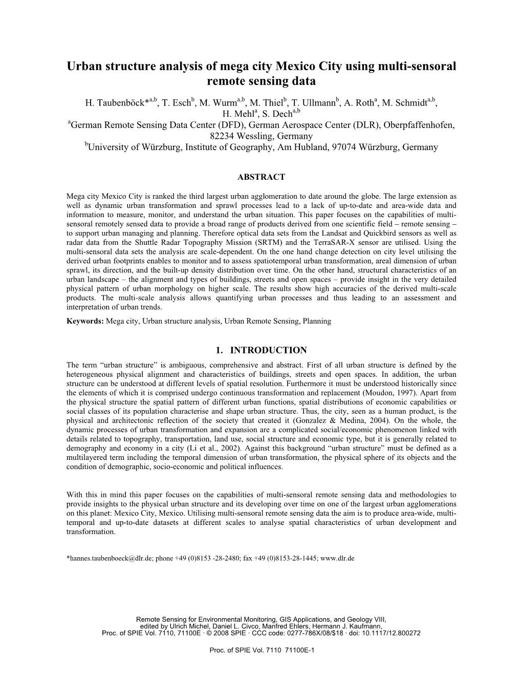 Urban Structure Analysis of Mega City Mexico City Using Multi-Sensoral Remote Sensing Data