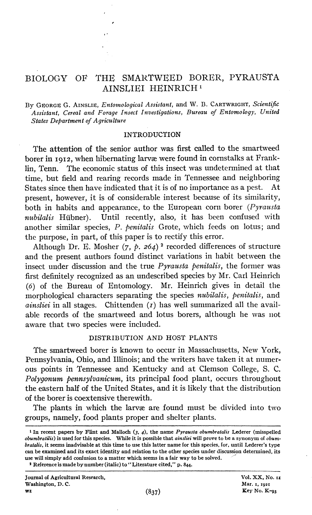 Biology of the Smartweed Borer, Pyrausta Ainsi/Iei Heinrich1