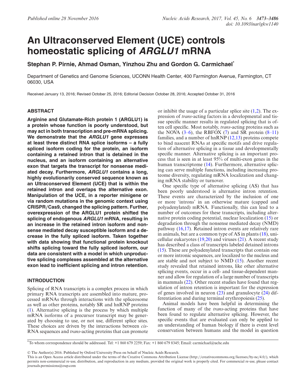 Controls Homeostatic Splicing of ARGLU1 Mrna Stephan P