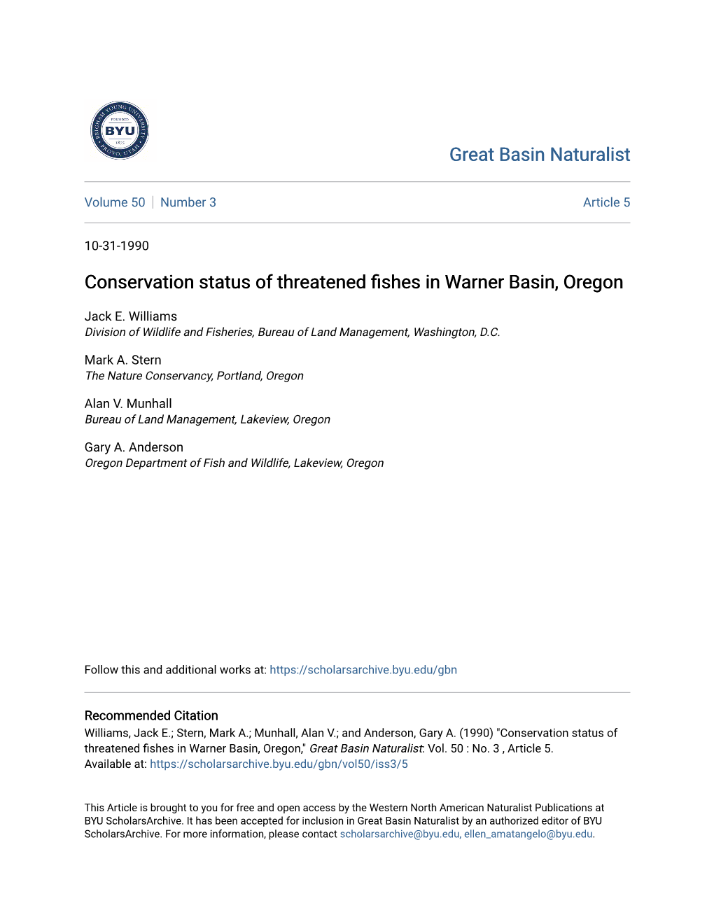 Conservation Status of Threatened Fishes in Warner Basin, Oregon