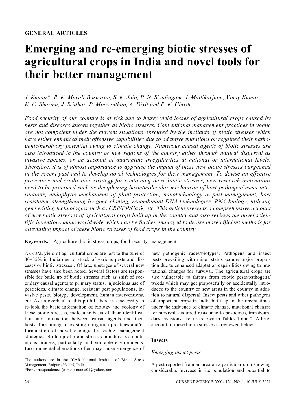 Emerging and Re-Emerging Biotic Stresses of Agricultural Crops in India and Novel Tools for Their Better Management