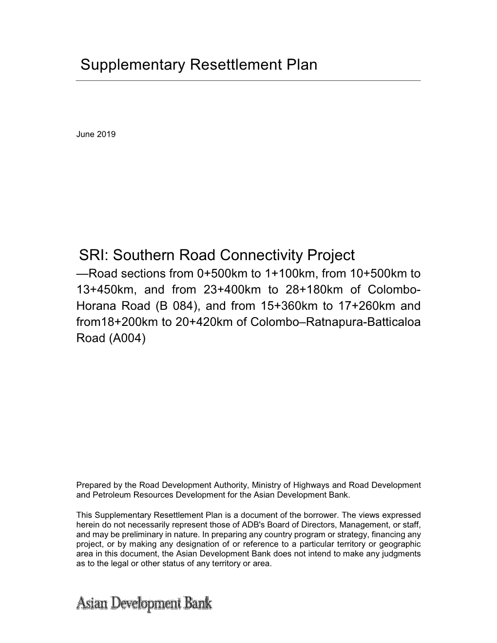 Supplementary Resettlement Plan SRI: Southern Road Connectivity Project
