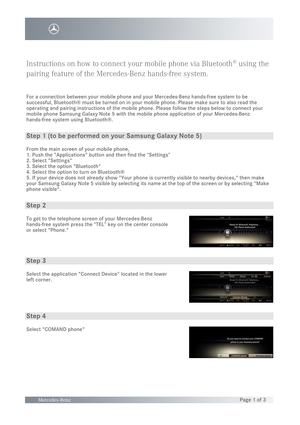 Instructions on How to Connect Your Mobile Phone Via Bluetooth® Using the Pairing Feature of the Mercedes-Benz Hands-Free System