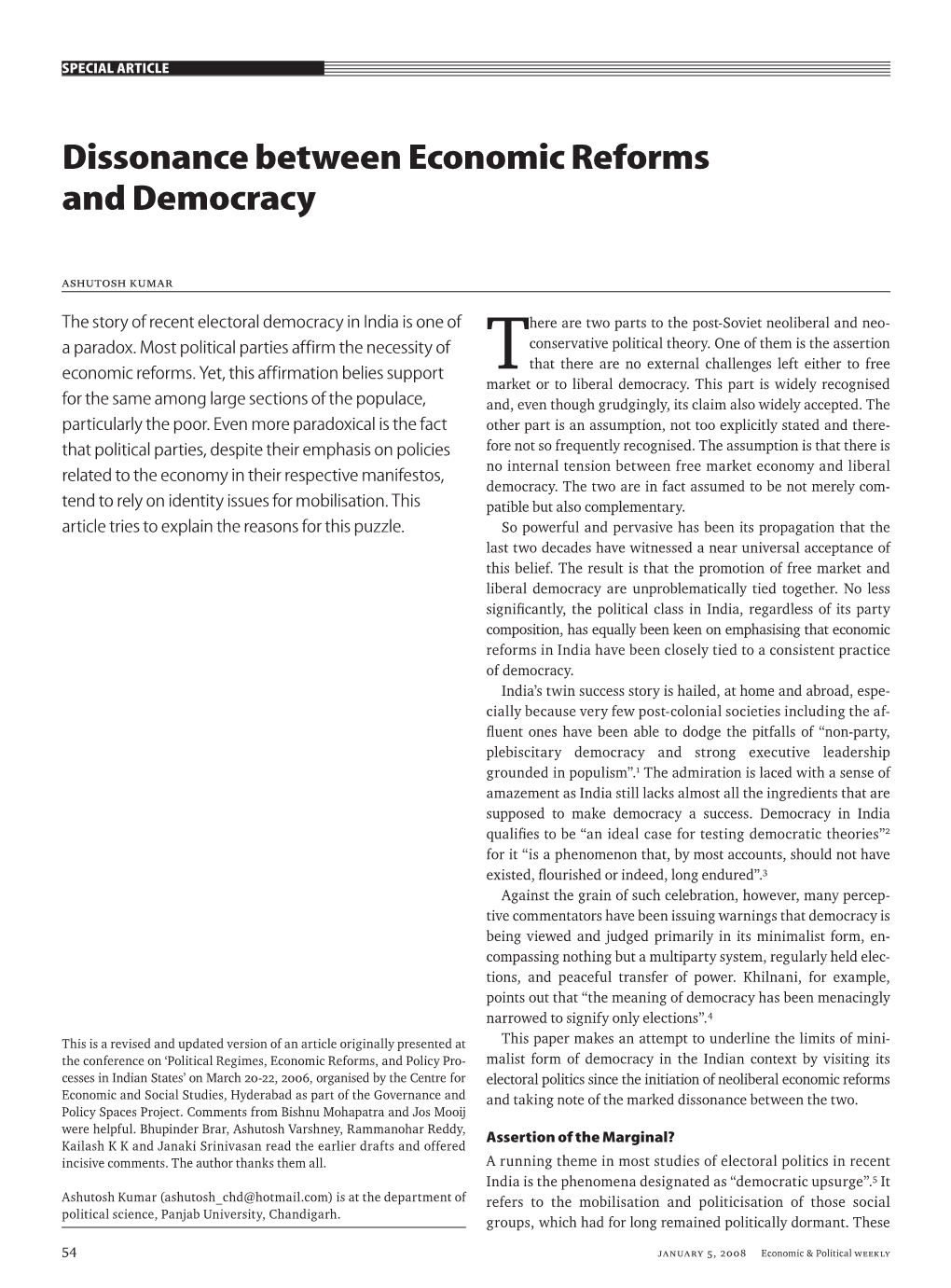 Dissonance Between Economic Reforms and Democracy