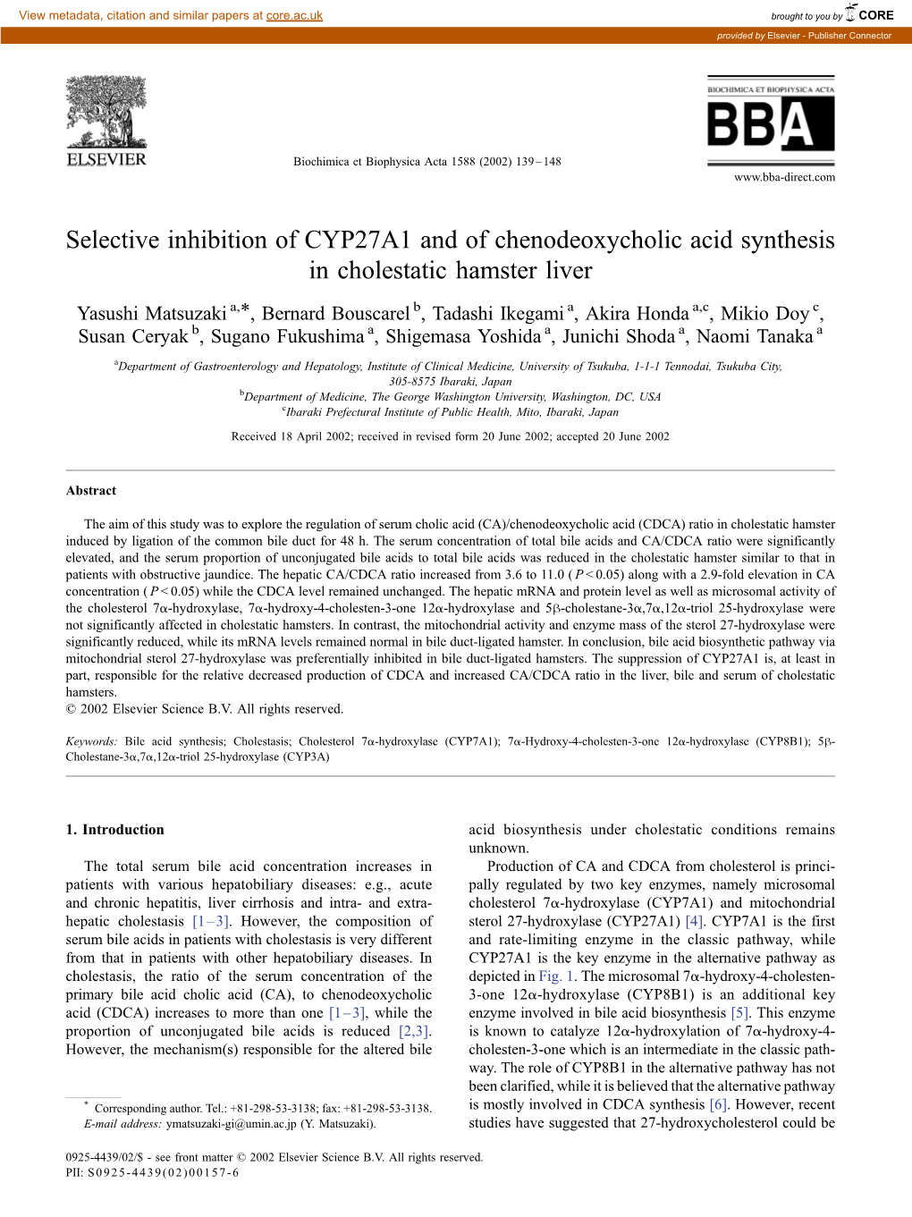 Selective Inhibition of CYP27A1 and of Chenodeoxycholic Acid Synthesis in Cholestatic Hamster Liver