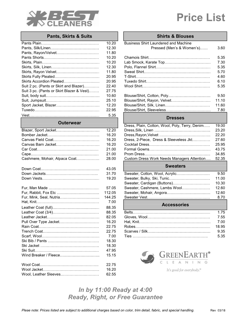 Price List Best Cleaners 03-18.Xlsx