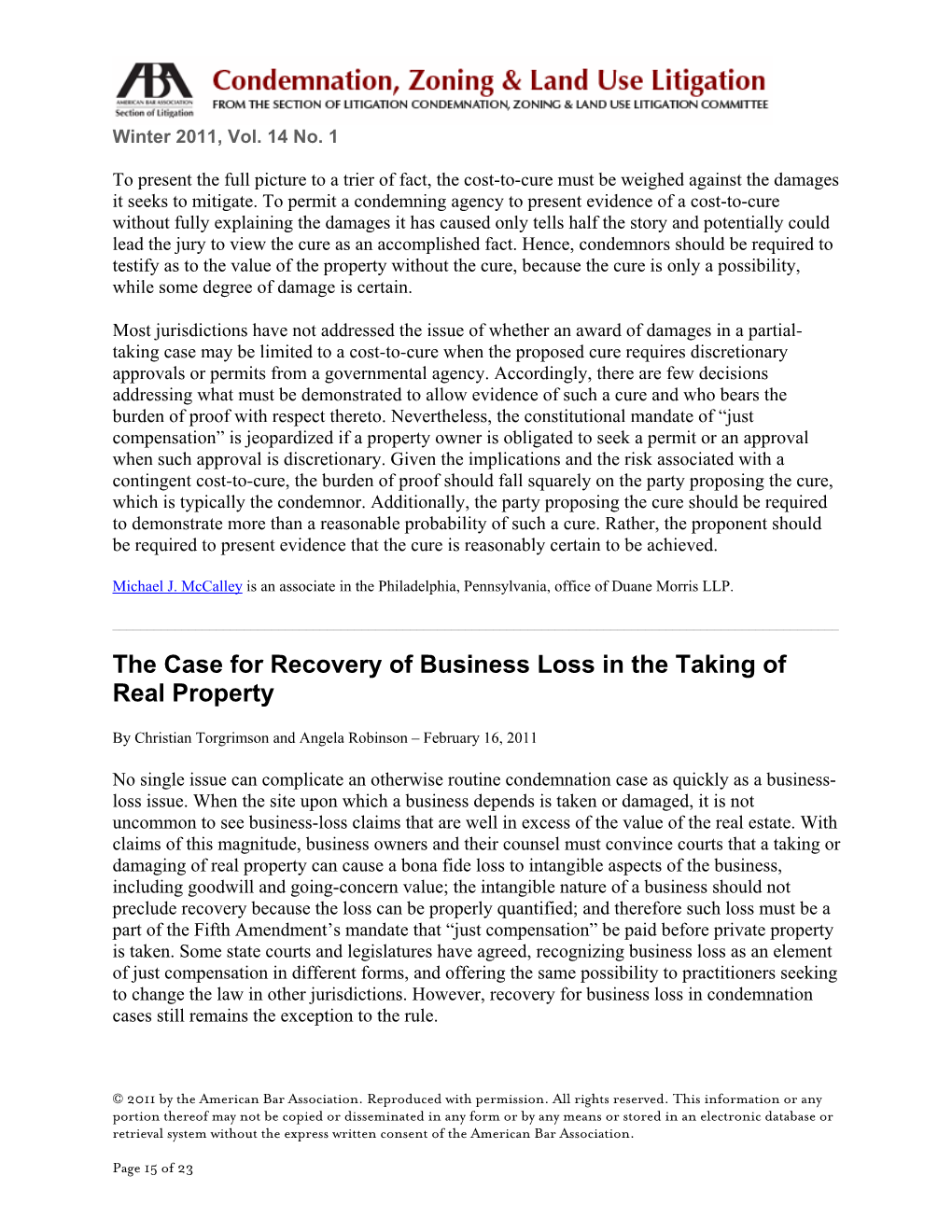 The Case for Recovery of Business Loss in the Taking of Real Property