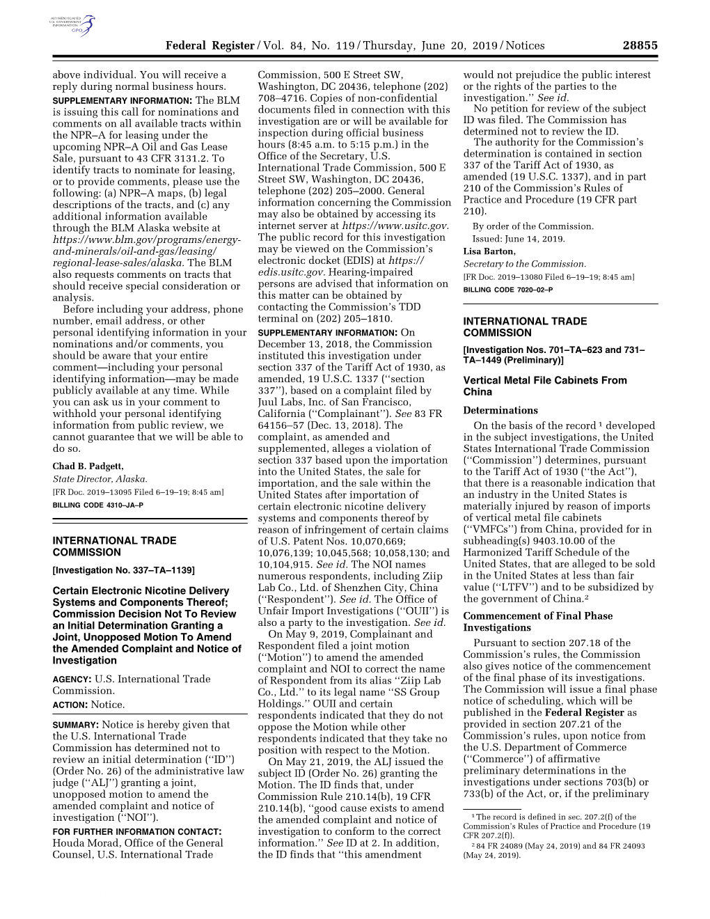 Federal Register/Vol. 84, No. 119/Thursday, June 20, 2019/Notices