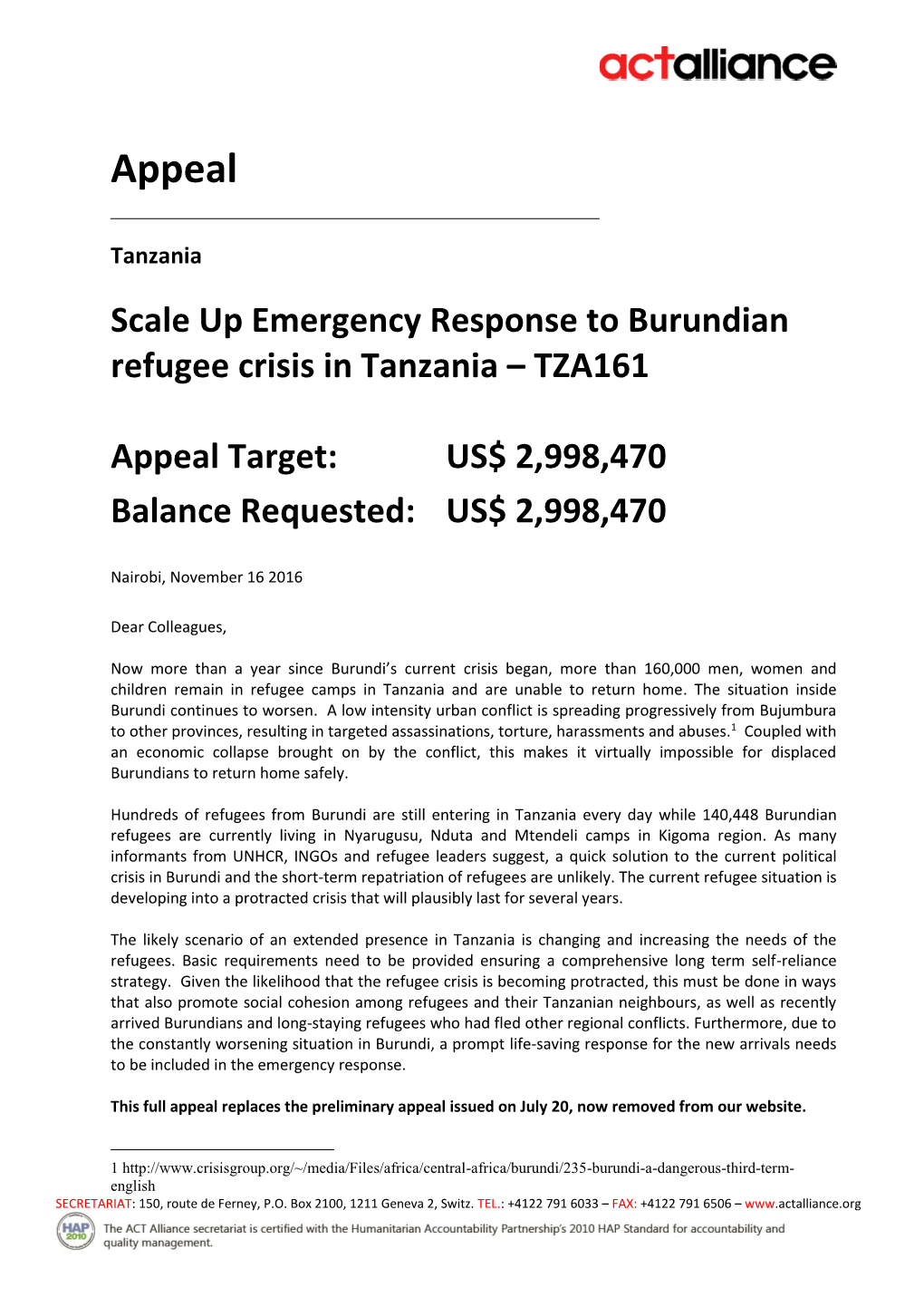 Appeals 11 2016 -Scale-Up-Support-To-Burundian-Refugees-In-Tanzania