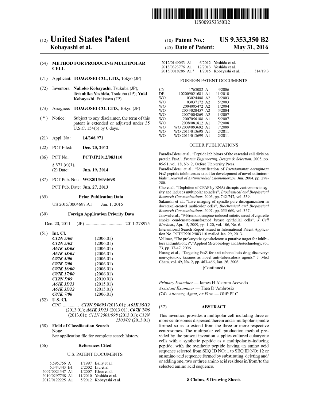 (12) United States Patent (10) Patent No.: US 9,353,350 B2 Kobayashi Et Al