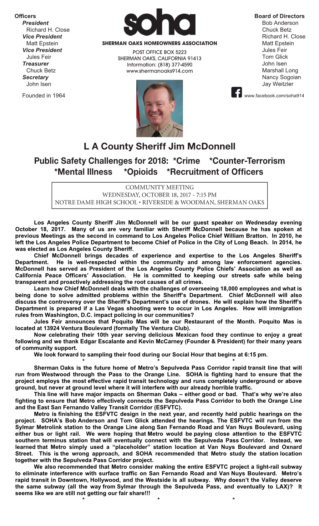 L a County Sheriff Jim Mcdonnell Public Safety Challenges for 2018: *Crime *Counter-Terrorism *Mental Illness *Opioids *Recruitment of Officers