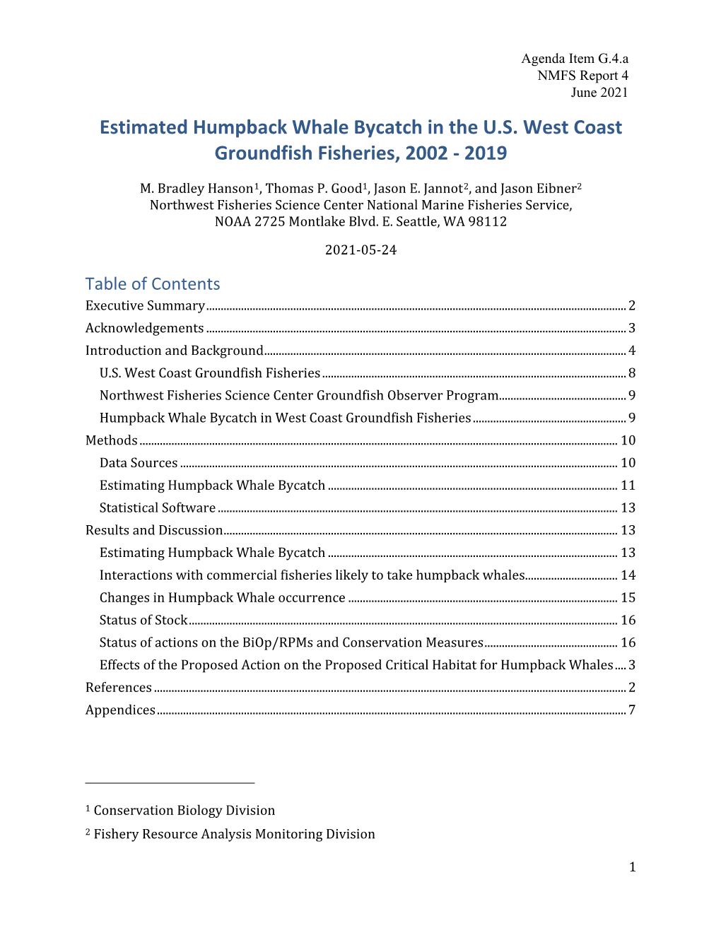 Estimated Humpback Whale Bycatch in the U.S. West Coast Groundfish Fisheries, 2002 - 2019