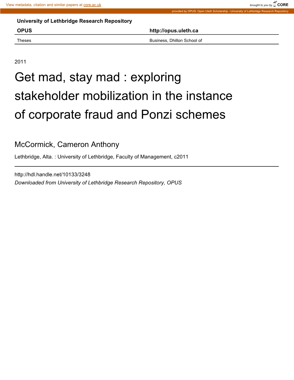 Exploring Stakeholder Mobilization in the Instance of Corporate Fraud and Ponzi Schemes