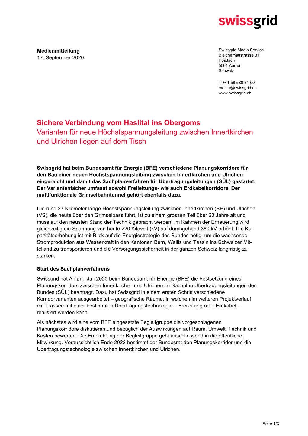 Medienmitteilung 17. September 2020