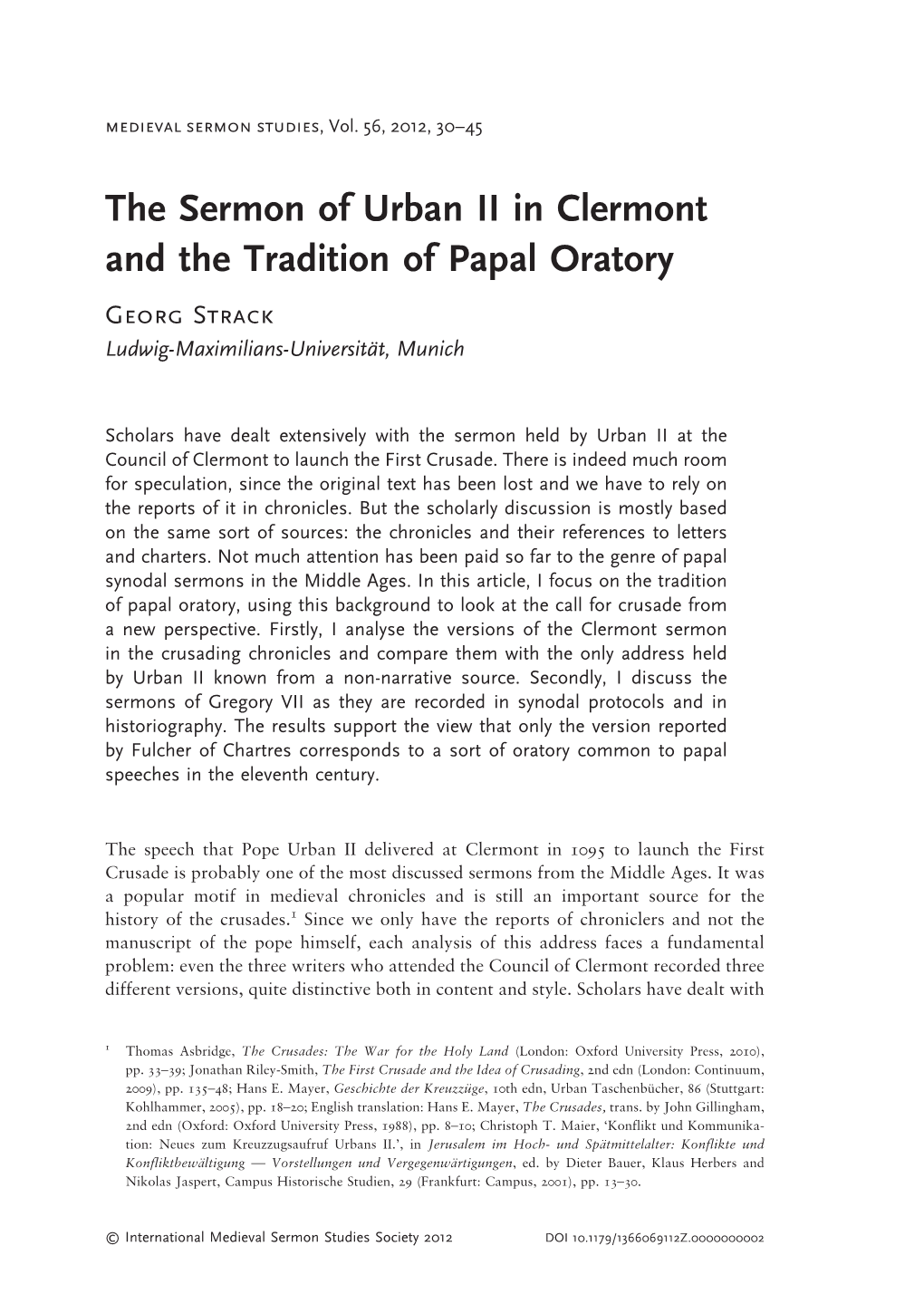 The Sermon of Urban II in Clermont and the Tradition of Papal Oratory Georg Strack Ludwig-Maximilians-Universität, Munich