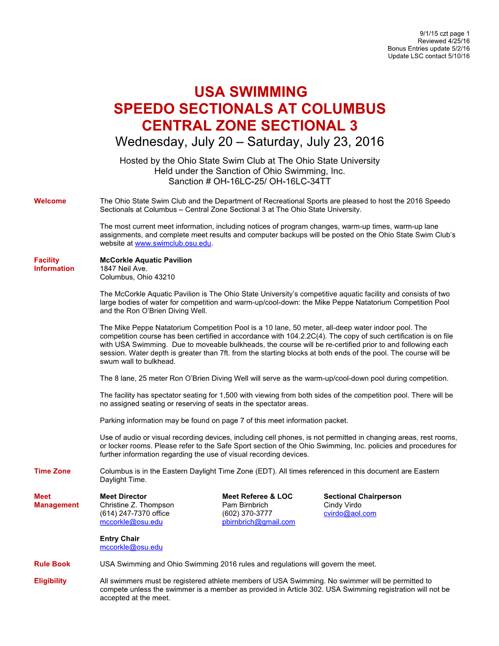 USA SWIMMING SPEEDO SECTIONALS at COLUMBUS CENTRAL ZONE SECTIONAL 3 Wednesday, July 20 – Saturday, July 23, 2016