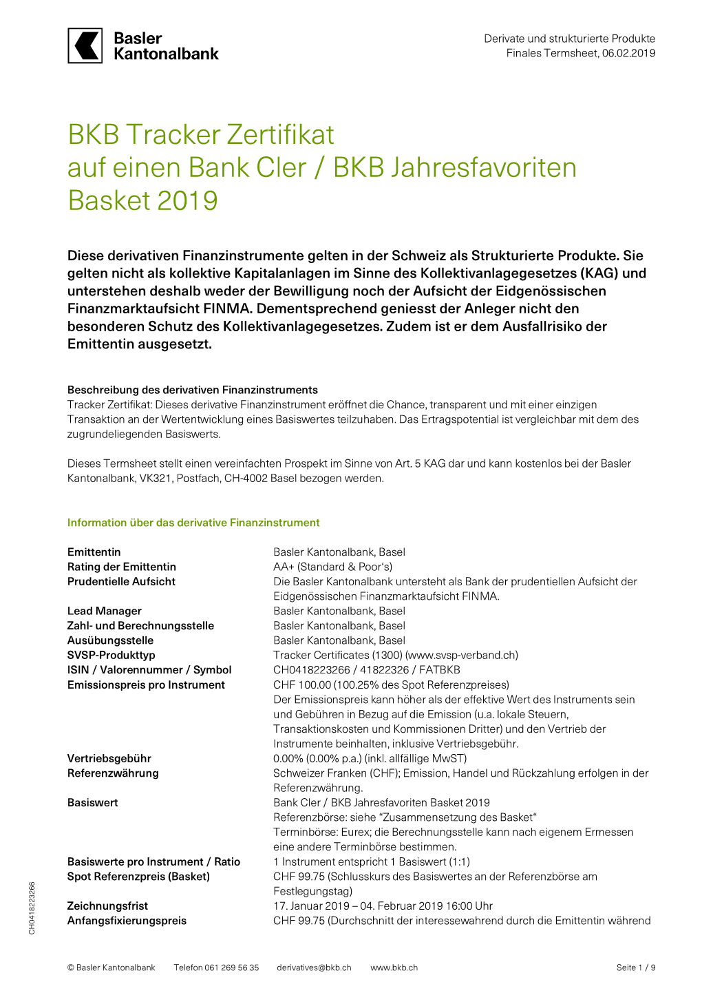 BKB Tracker Zertifikat Auf Einen Bank Cler / BKB Jahresfavoriten Basket