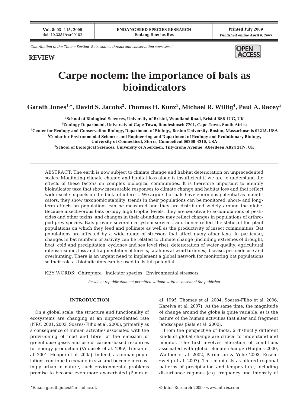Carpe Noctem: the Importance of Bats As Bioindicators