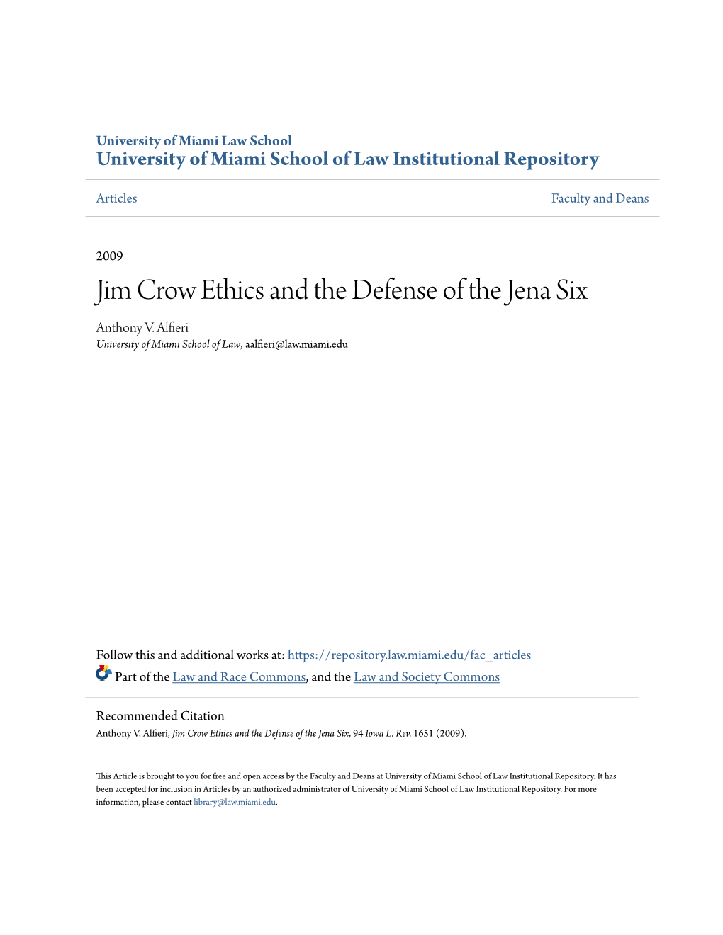 Jim Crow Ethics and the Defense of the Jena Six Anthony V