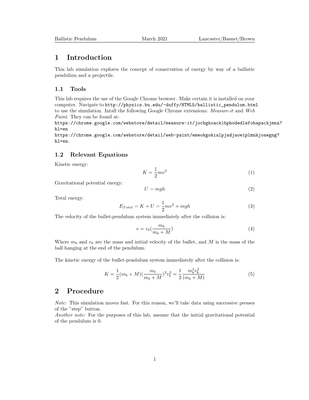 Ballistic Pendulum March 2021 Lancaster/Basnet/Brown