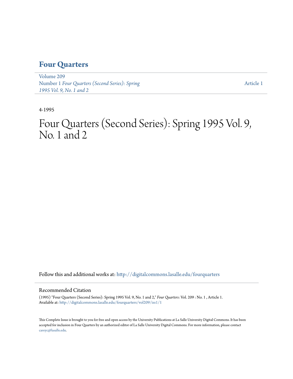 Four Quarters Volume 209 Number 1 Four Quarters (Second Series): Spring Article 1 1995 Vol