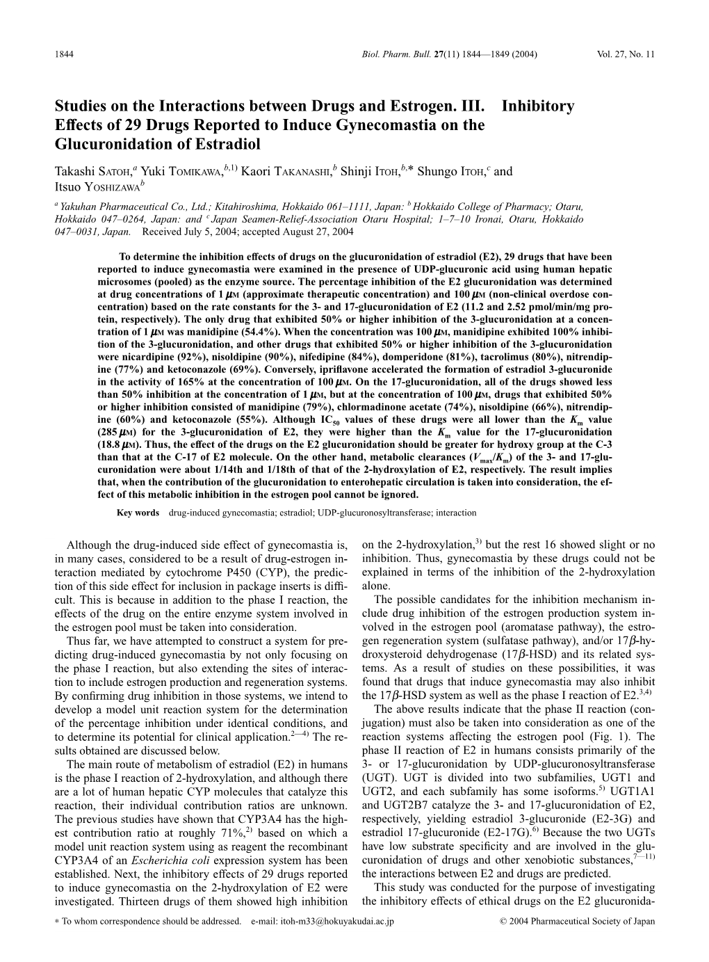 Studies on the Interactions Between Drugs and Estrogen. III. Inhibitory Effects of 29 Drugs Reported to Induce Gynecomastia on the Glucuronidation of Estradiol